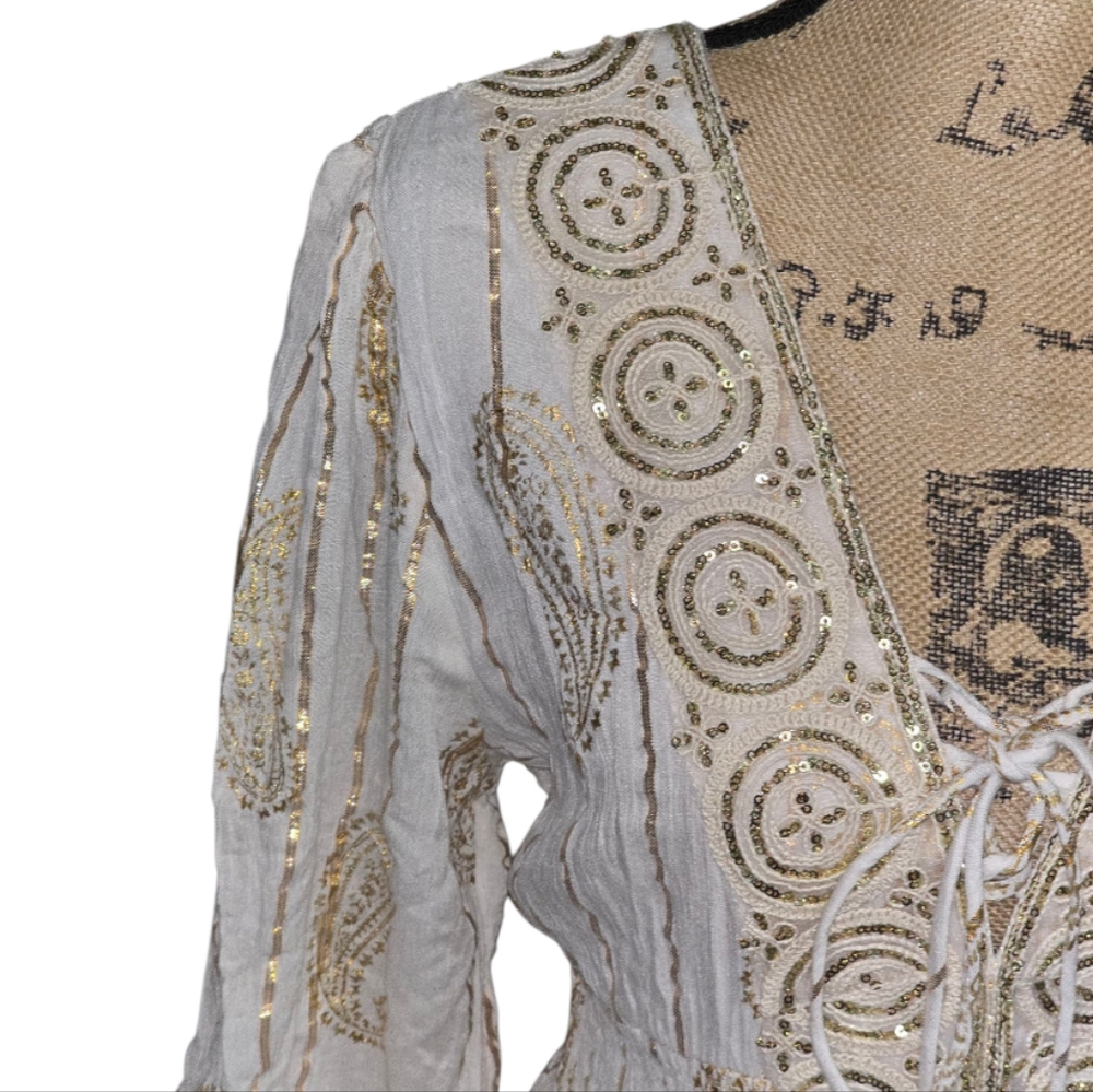 Anthropologie X Magic Me Cream And Metallic Gold Bohemian Lace Midi Dress SZ‎ XL - Picture 7 of 10